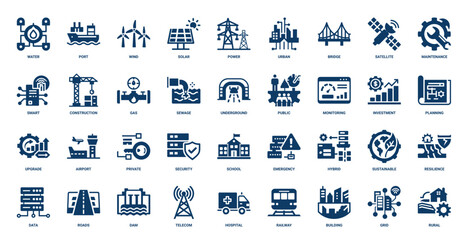  infrastructure elements collection dark blue icons, modern life, planning investment monitoring upgrade