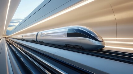 Fototapeta premium The Future of Transport: A sleek, futuristic high-speed train streaks along elevated tracks within a bright, modern tunnel, showcasing the seamless integration of technology and transportation.