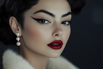 Portrait of stunning woman with bold makeup and captivating eyes wearing elegant pearl earrings complementing her sophisticated look