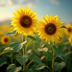 Fototapeta premium Summer Scene Vivid Colors High Contrast Sharp Focus on Central Flower Botanical Detail Cheerful Mood Agricultural Landscape Vibrant Sunflower Close Up Golden Yellow