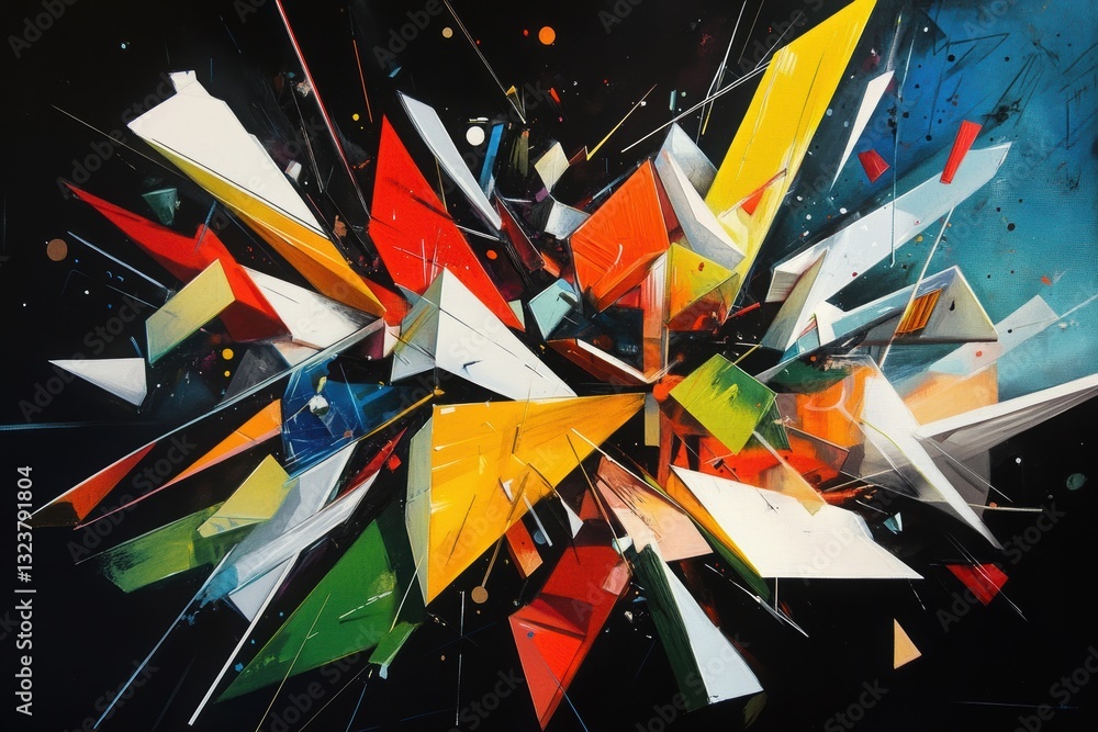Poster abstract explosion of color: a dynamic composition of vibrant geometric shapes bursts forth in a daz