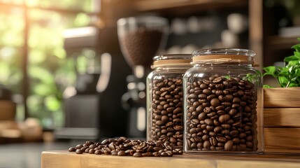 modern café with sleek equipment and coffee beans displayed in glass jars. 