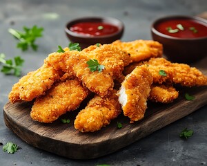 Crispy golden-brown chicken tenders served on a wooden board with two bowls of red sauce and fresh parsley.