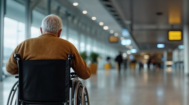 man in a wheelchair at the airport going to check-in
