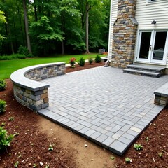 Incomplete brick paver patio with partial stone walls and chimney under construction, stone fireplace, hardscaping