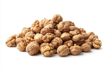 Pile of walnuts on white background nutty texture display. AI generative