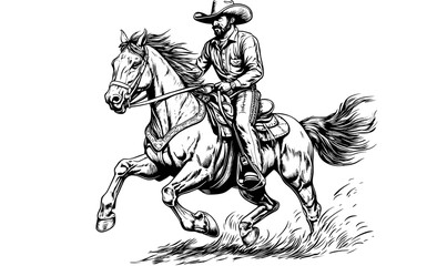 Fototapeta premium Cowboy riding horse drawing in motion - black and white vector, linear style icons set.
