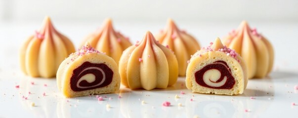 Ornate, handmade pralines with swirling marzipan fillings against a pristine white canvas , praline filling, artisanal