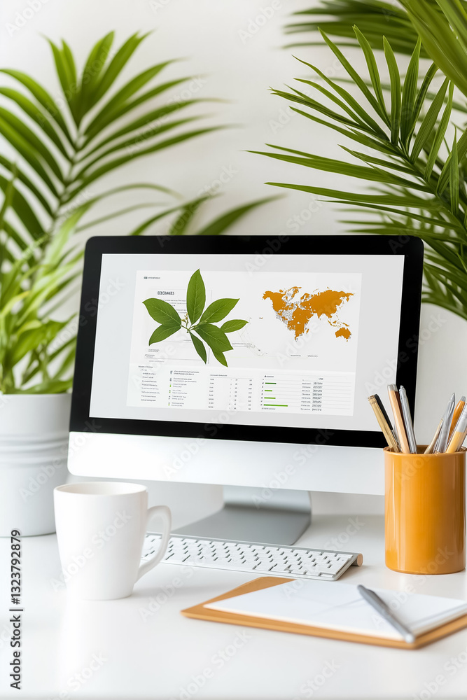 Poster a stylish workspace showcases a desktop computer featuring a world map with environmental data, surr