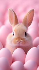 Fototapeta premium Cute bunny surrounded by pink Easter eggs. (1)