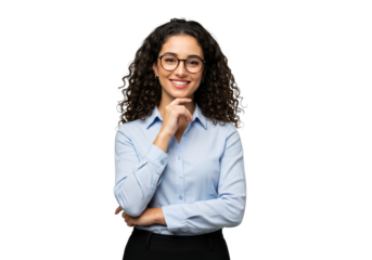 A professional woman with curly dark brown hair stands with one hand resting on her chin isolated on transparent background