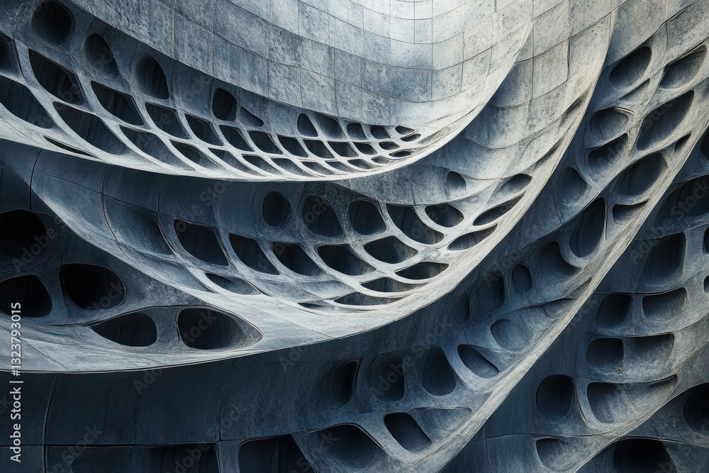 Poster architectural mesh: an abstract, undulating architectural element featuring a complex, layered mesh 