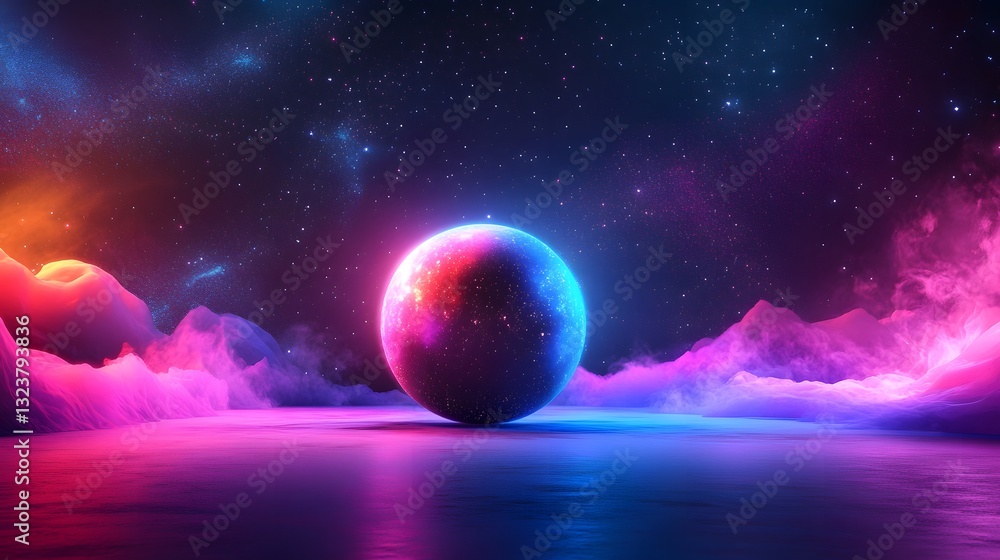 Poster abstract scene with a glowing sphere in a vivid colorful environment, perfect for modern and creativ