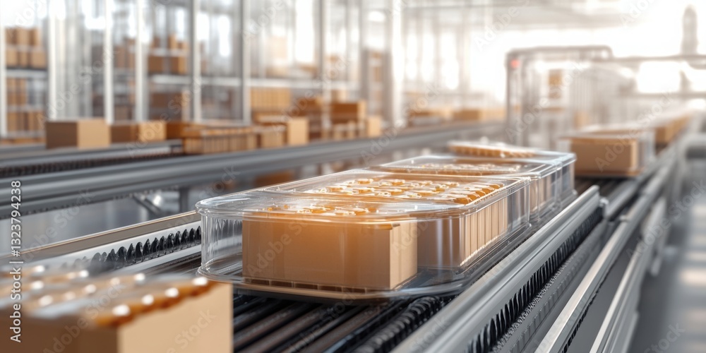 Poster automation: a detailed, focused shot captures the dynamic efficiency of an automated packaging proce
