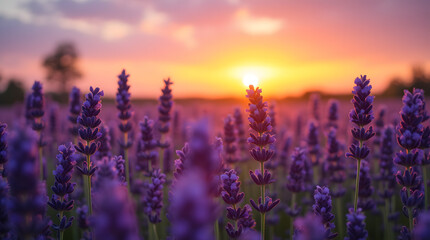 Tranquil Lavender Sunset: A Stunning View of Purple Blooms Glowing in the Soft Golden Hour Light Across the Horizon