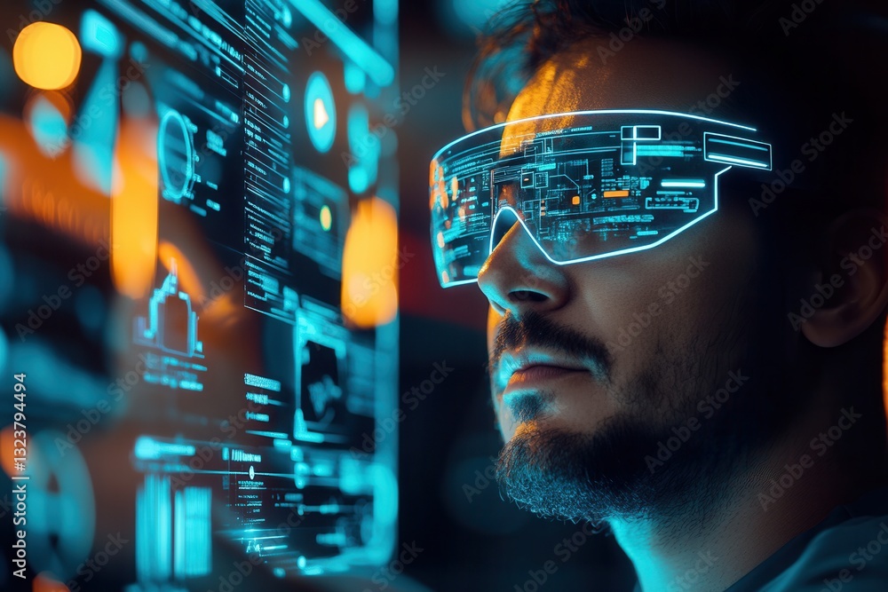 Fototapete innovative mixed reality scene featuring futuristic augmented reality ui elements and holographic te