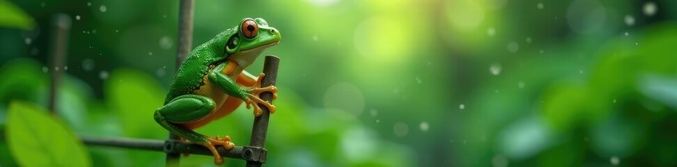 A frog ascends a ladder with dew-drenched glass, weather phenomenon, misty