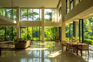 Fototapeta premium Luxurious Interior with Panoramic View: A modern, sunlit interior showcases an open-plan design, merging indoor comfort with the lush outdoor landscape through expansive glass walls. 