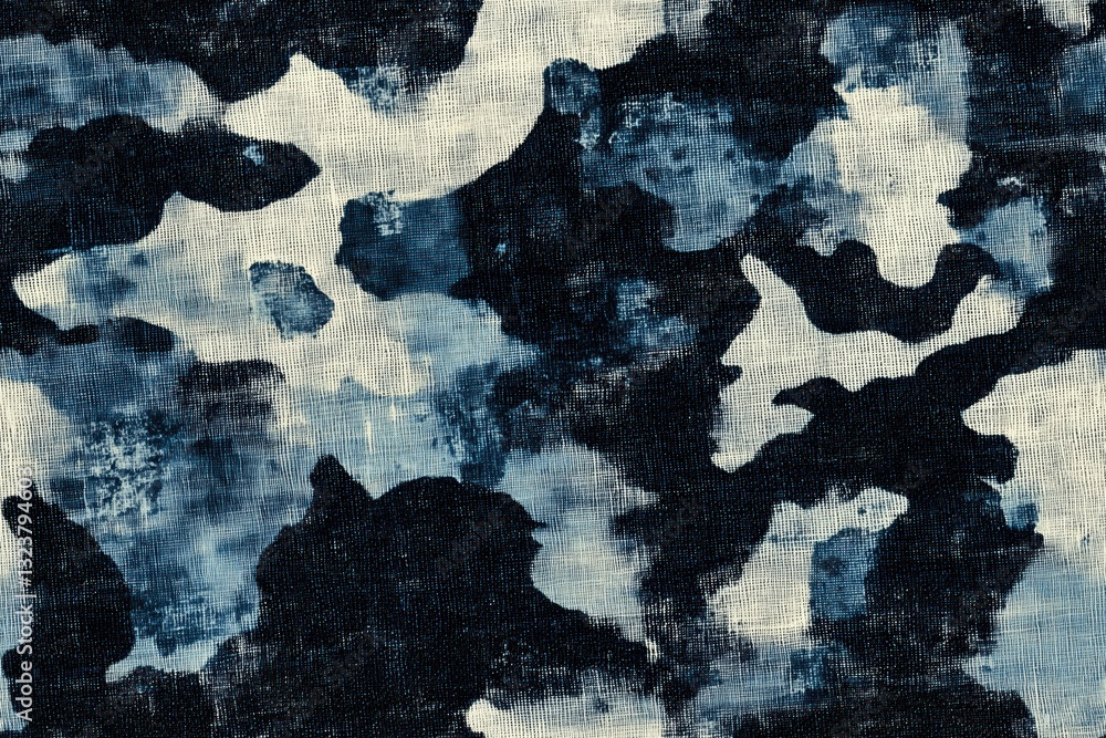 Poster seamless textured fabric pattern featuring a blue and white abstract camouflage design. the design i