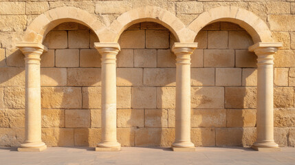 Obraz premium Arched stone wall with three columns, showcasing ancient architecture and texture. warm tones and sturdy design evoke sense of history and stability