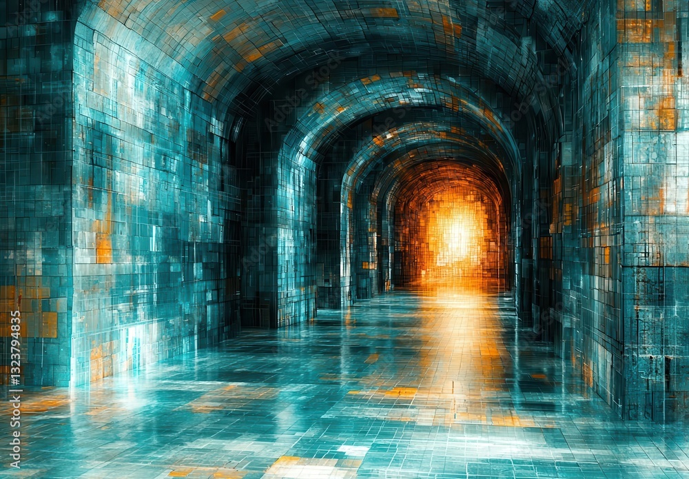 Aufkleber an abstract representation of an illuminated corridor showcasing vibrant colors and unique textures.