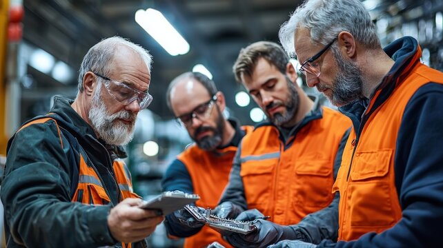 A team of quality inspectors checking car parts in an automobile manufacturing plant