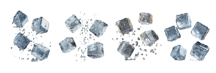 Four flying ice cubes cut out on gray background