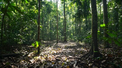 Obraz premium Dense forest with towering trees and sunlight filtering through, symbolizing natural beauty and serenity