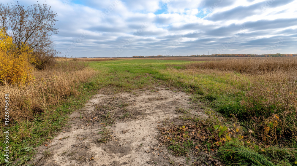 Poster open field with a pathway under a cloudy sky.