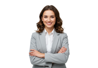 A confident businesswoman with wavy brown hair stands with her arms crossed isolated on transparent background