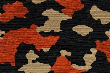 Seamless camouflage fabric featuring a mix of black, orange, and beige patterns. The design consists of irregular shapes and colors typical of military camouflage.