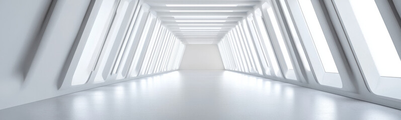 Obraz premium spacious and empty white hallway of futuristic spaceship, featuring sleek lines and large windows that allow natural light to flood area, creating serene atmosphere