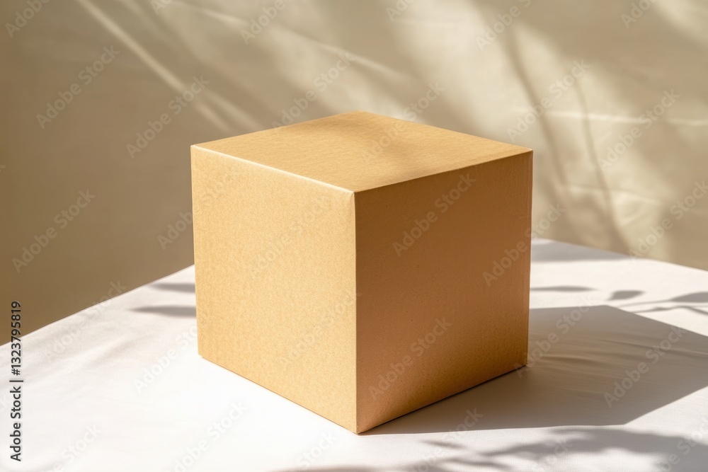 Poster minimalist cube: a clean, geometric cube bathed in soft sunlight casts intricate shadows, the textur