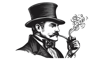 Gentleman with pipe and top hat vector – linear style icons set.