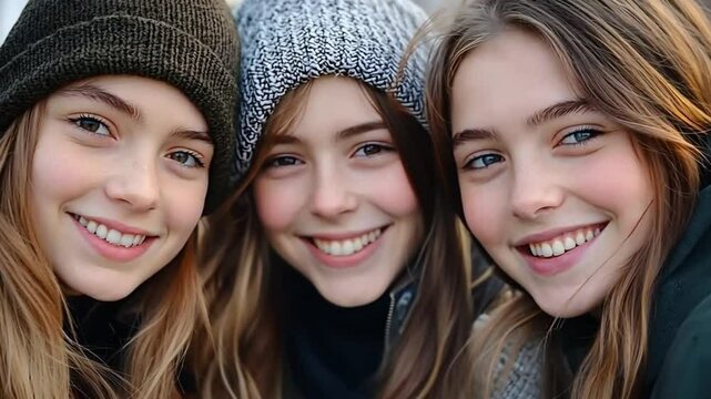 portrait of three smiling teenage girls in a knitted hat, the concept of female friendship