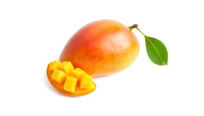 A vibrant, ripe mango isolated on a pure white background, delicious, marketing
