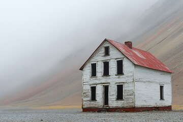 An abandoned white wooden house in a misty mountainous landscape