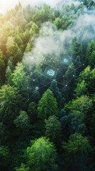 Fototapeta premium Harmony of Nature and Innovation: A breathtaking aerial view of a vibrant forest, where technology merges seamlessly with the lush green canopy, highlighting the synergy of nature and innovation. 