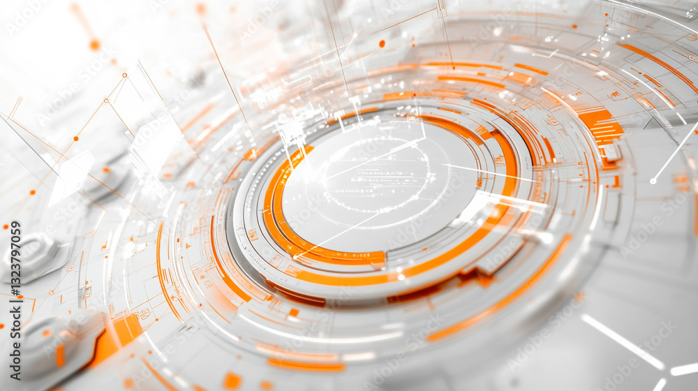 Poster digital abstract design featuring orange and white circular patterns and geometric shapes in a moder