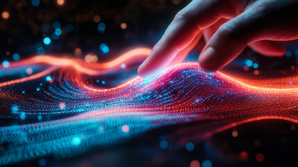 Hand reaching out to touch vibrant waves of glowing data in a dark, abstract setting