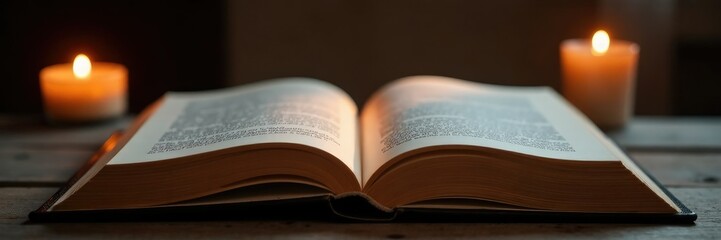 Fototapeta premium Book's pages rustle softly as gentle candlelight touches the open pages, pages, touches