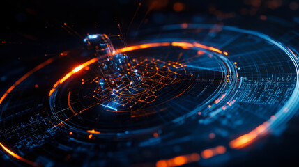 Digital abstract visualization of data structures in blue and orange colors representing technology and innovation