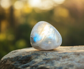 polished moonstone gemstone or crystal placed on a rock, with a natural outdoor background.