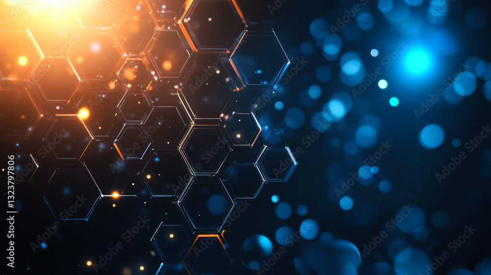 Poster abstract representation of hexagonal shapes illuminated by glowing lights in a digital environment
