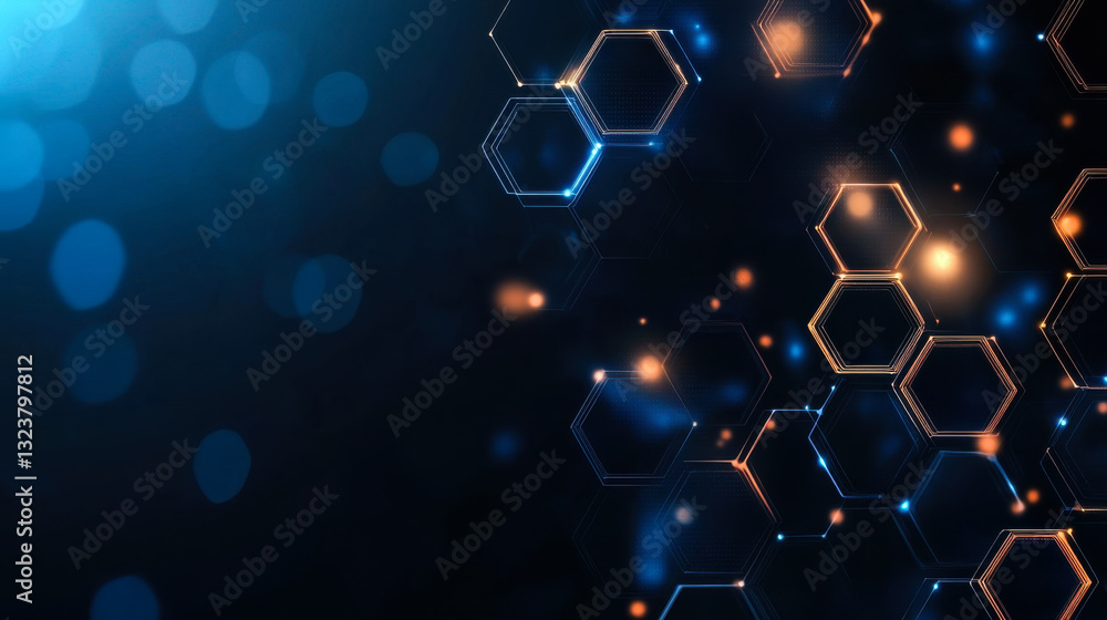 Poster abstract representation of hexagonal shapes illuminated by glowing lights in a digital environment