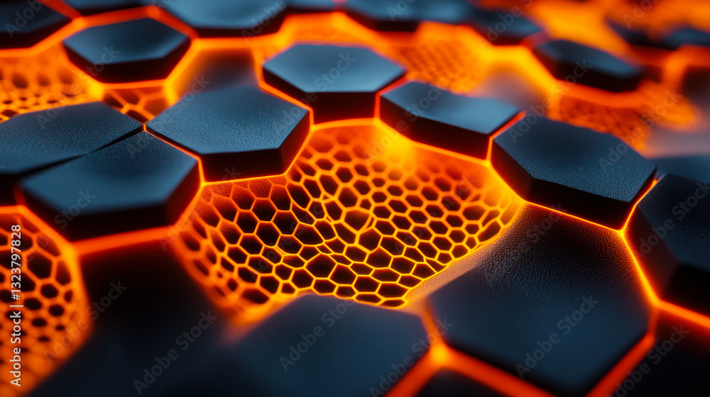 Poster bright glowing hexagonal patterns create an abstract view of a surface resembling molten lava at nig