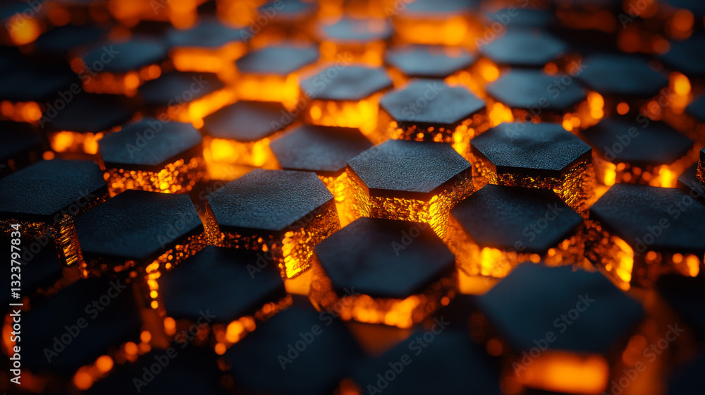 Poster bright glowing hexagonal patterns create an abstract view of a surface resembling molten lava at nig