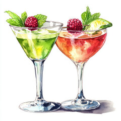 Refreshing cocktails with raspberries and mint in watercolor style