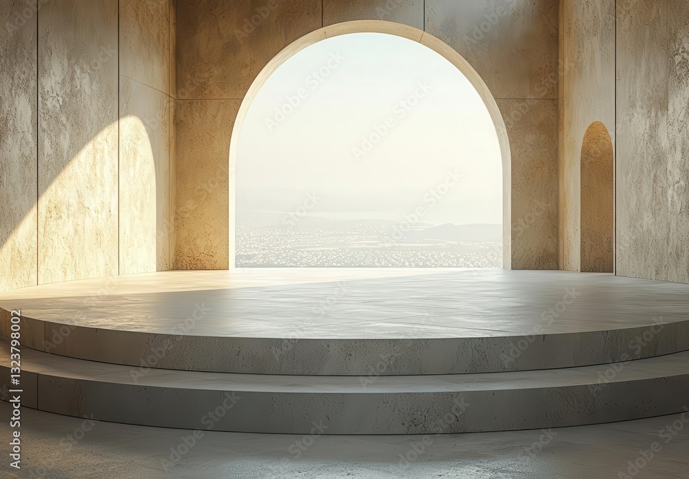 Aufkleber Minimalist architectural space with arched windows offering a view of serene landscapes, emphasizing light and form.