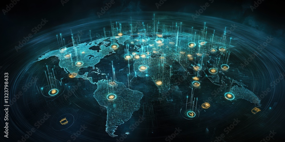 Poster global network: depicting a glowing, interconnected world map, representing global network of commun